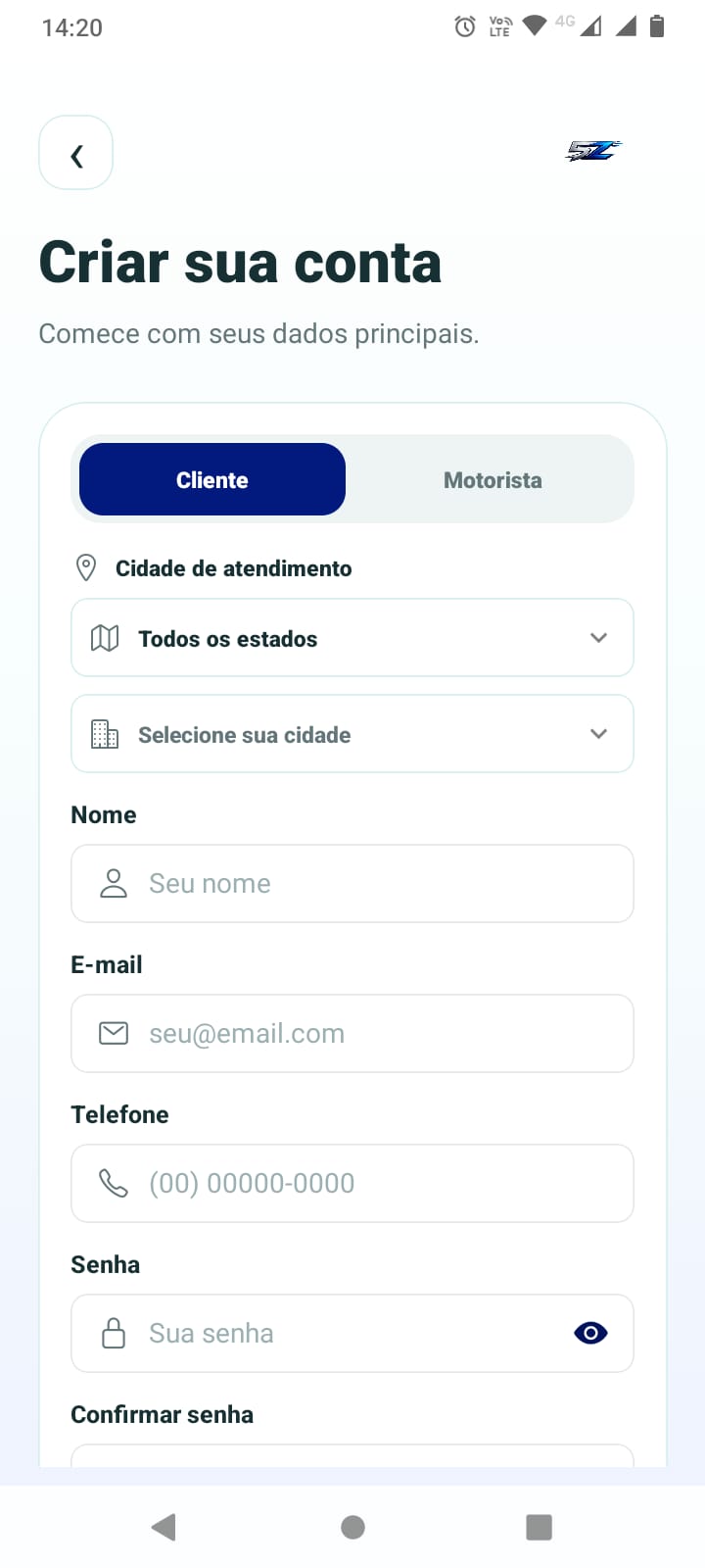 Tela de cadastro de motorista com documentos